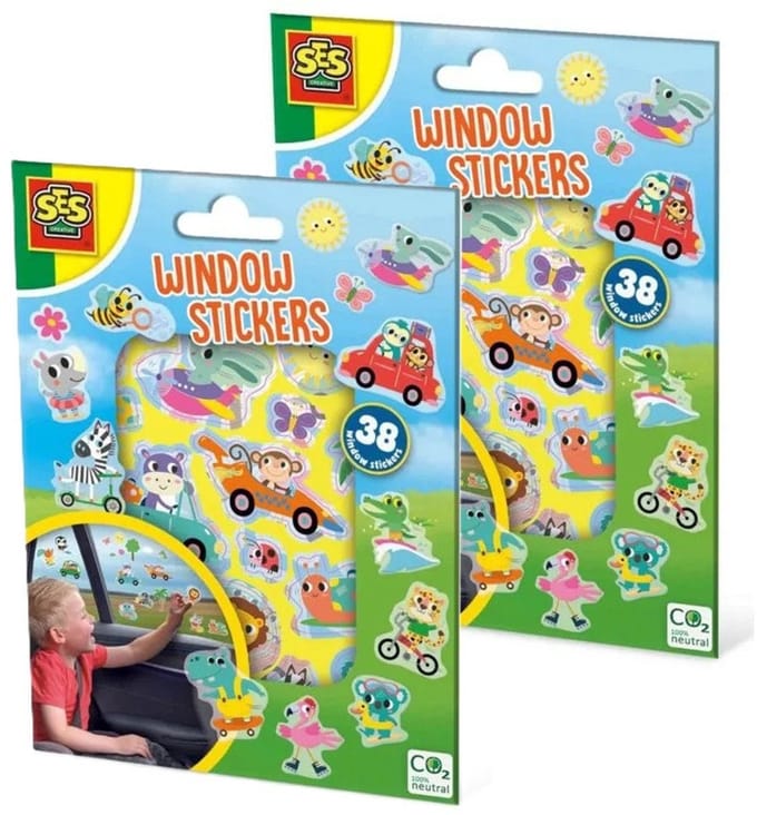 SES Raam/autoraam kinder stickers - 2 setjes - herbruikbaar - dieren en voertuigen
