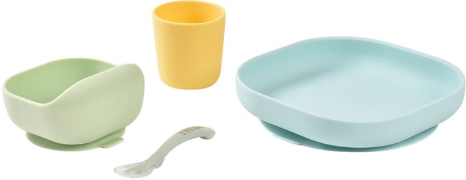 Béaba Silicone Maaltijdset - Kinderservies - 4-delig - Zuignap Kom, Bord & Lepel - Groen/geel