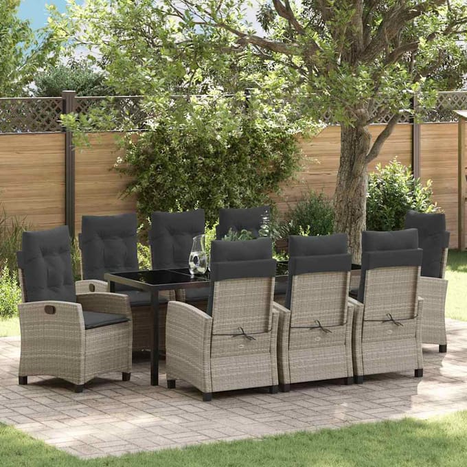 vidaXL - Tuin - Eettafel - Set - 9 - st - Lichtgrijs - poly - rattan