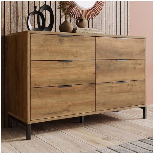 Merax Ladekast, dressoir met 6 laden, 120 x 40 x 76 cm, spaanplaat + metaal, Donker eiken