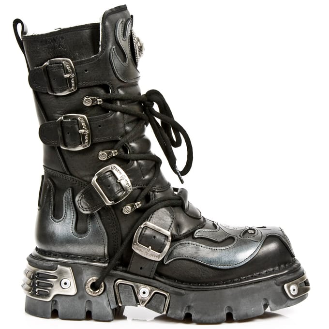 New Rock Flame geaccentueerde zwart/zilver lederen bikerlaarzen - 107-S2