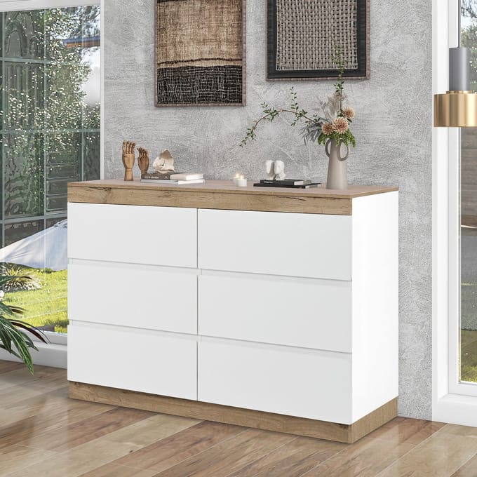 Commode 6 Lades Wit/Eiken - Met Slotcompartiment E1 Plaat Opbergmeubel