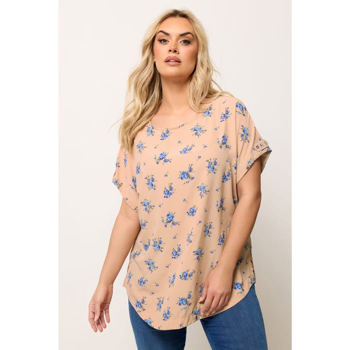 Yours Roze Top Met Bloemenprint En Bandjesmouwen Size 46
