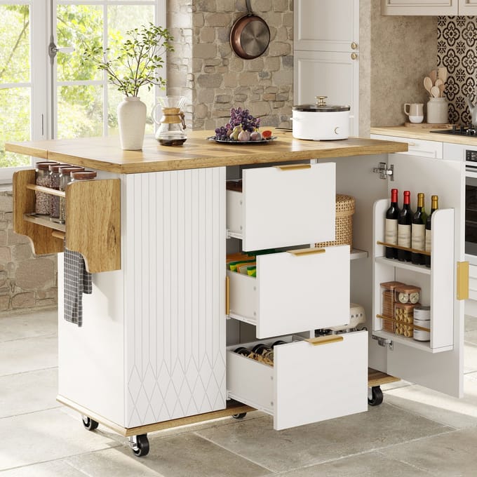 Clruro Keukentrolley - Met Klapblad en Stroomaansluiting - Hout - Wit