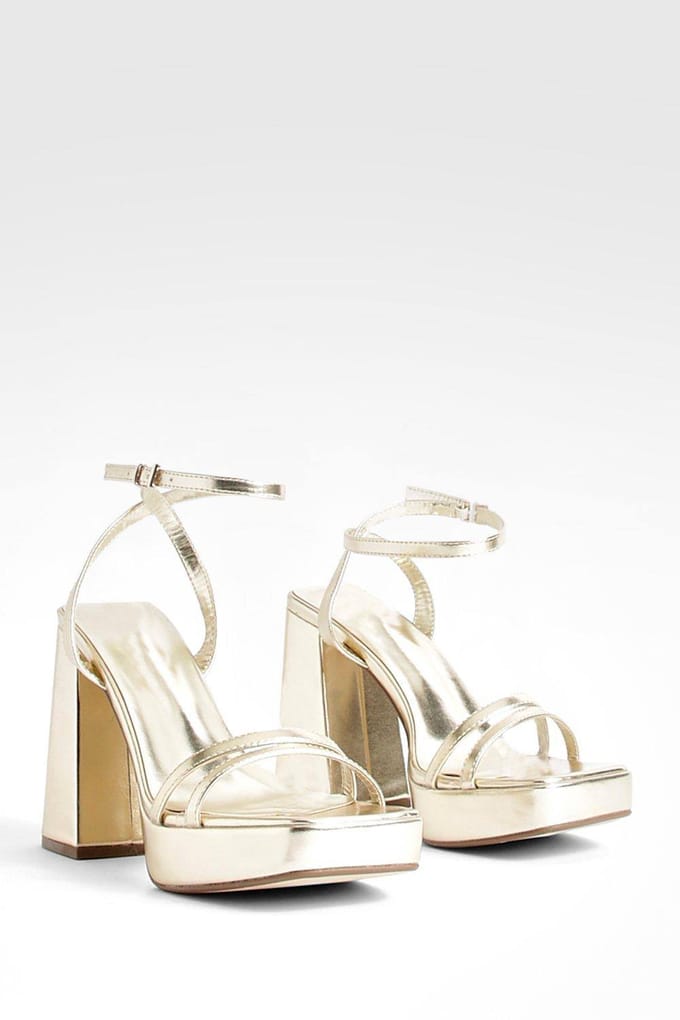 boohoo Dames Wide Fit Multi Strap High Platform Twee-Delige Hakken | Goud | Maat: 40