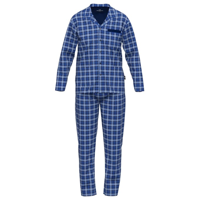 Götzburg heren pyjamaset lang button check blauw II