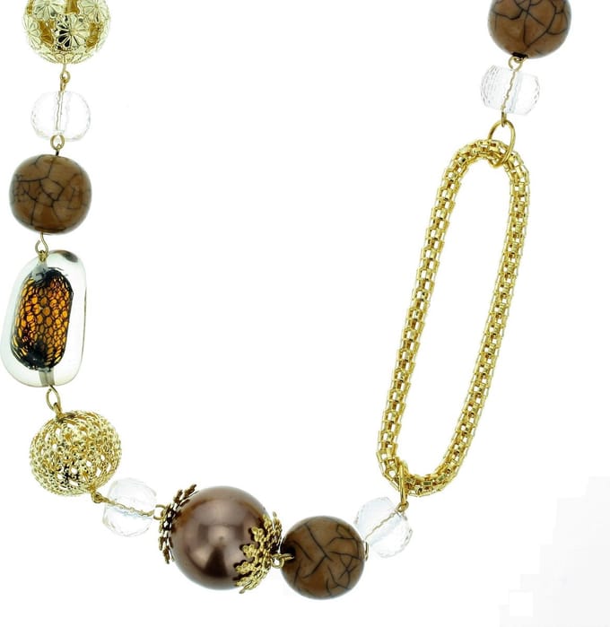 Behave - Lange ketting dames - goudkleur bruin glas - retro stijl