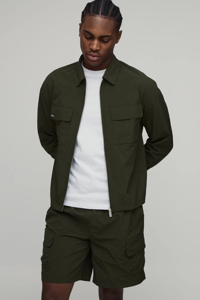 Regulier Gecoat Nylon Cargo Overshirt & Ontspannen Short Set | Khaki | Size Medium