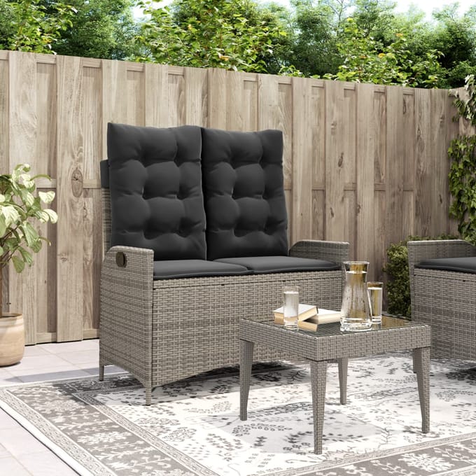 vidaXL - Tuinbankje - verstelbaar - met - kussens - poly - rattan - grijs