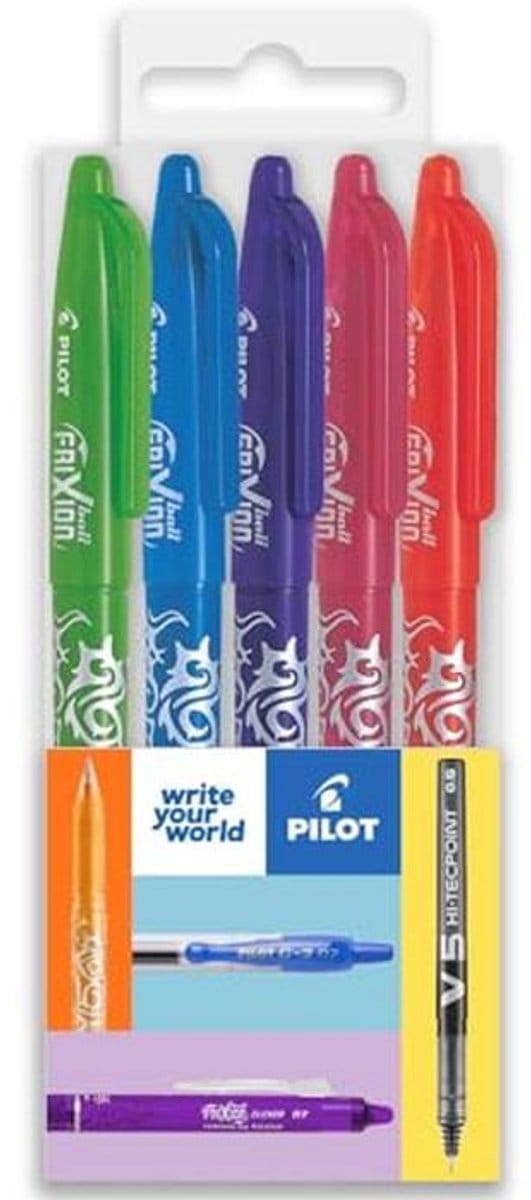 Uitwisbare rollerball pen 0,7 mm - Set van 5 - Lime Groen, Lichtblauw, Violet, Roze & Oranje