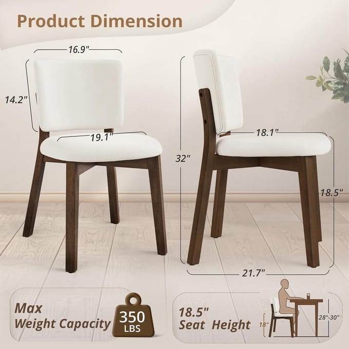 Scandinavische Luxe Eetkamerstoelen Set van 4 – Gestoffeerd Linnenlook Crèmewit, Ergonomisch, Houten Poten