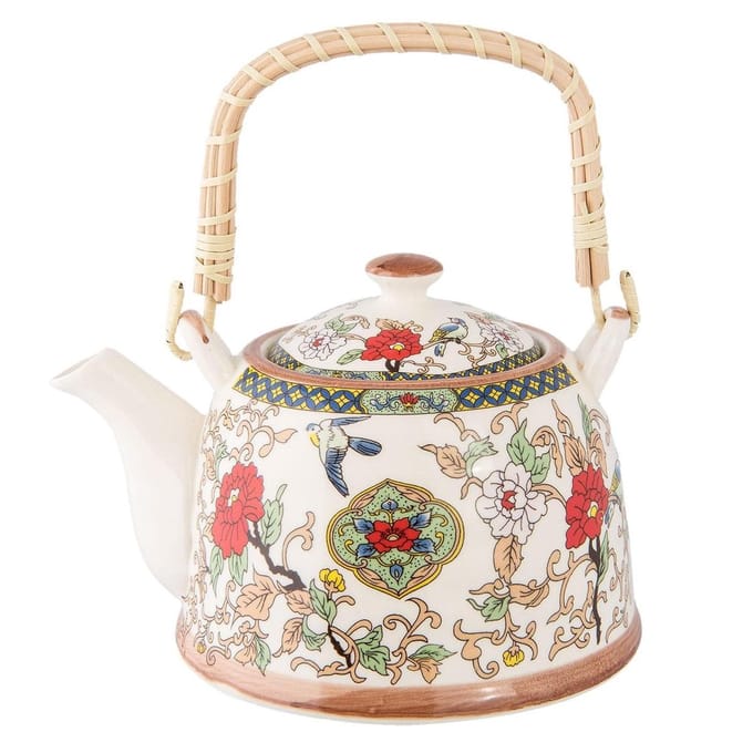Clayre & Eef Theepot met Filter 700 ml Beige Rood Keramiek Bloemen