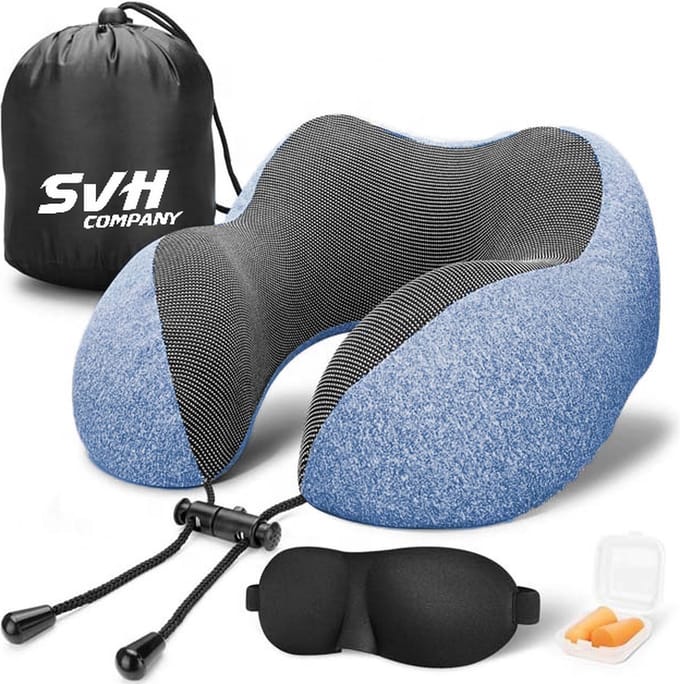 SVH Company Nekkussen - Ergonomisch Memory Foam Reiskussen - Inclusief Accessoires - Blauw