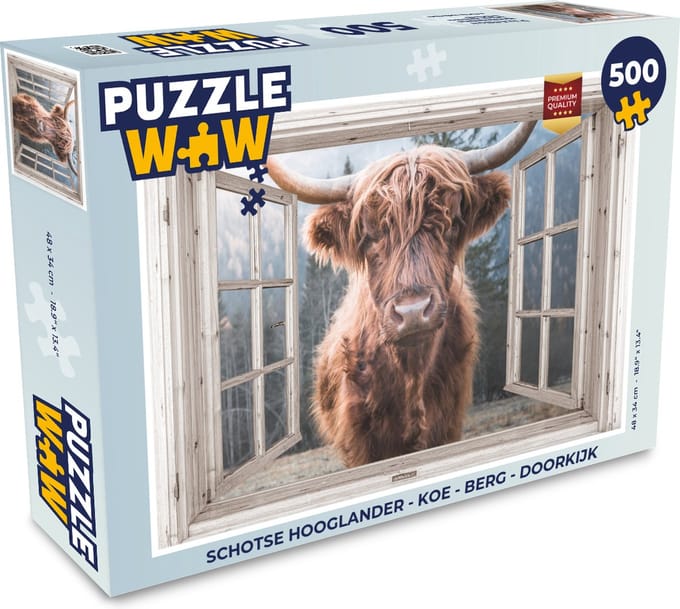 Puzzel Schotse hooglander - Koe - Berg - Doorkijk - Legpuzzel - Puzzel 500 stukjes