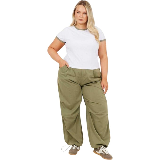 Brave Soul Dames/Dames Ringer Crew Hals Plus T-shirt (Wit/Kaki)