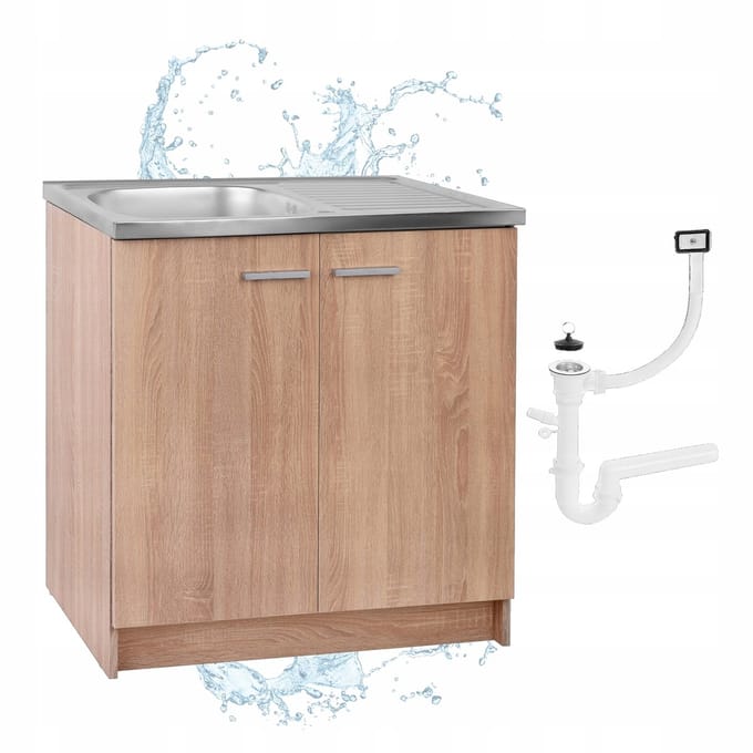 STAMAR - Keukenonderkast 80 cm met 1-baks RVS spoelbak en sifon - sonoma eiken
