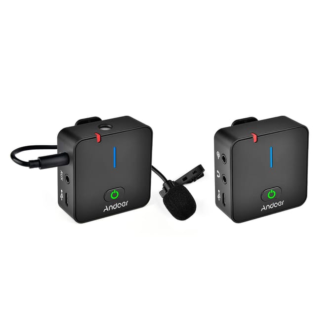 Andoer MX5 2.4G système de Microphone d'enregistrement sans fil avec émetteur récepteur micro Lavalier à clipser 3.5mm Cable noir