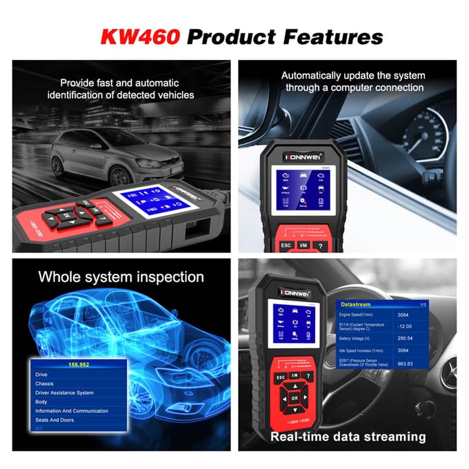 KONNWEI KW460 Alle systeem-OBD-scanner diagnostisch hulpmiddel met 11 speciale functies voor het matchen van batterijen, zwart