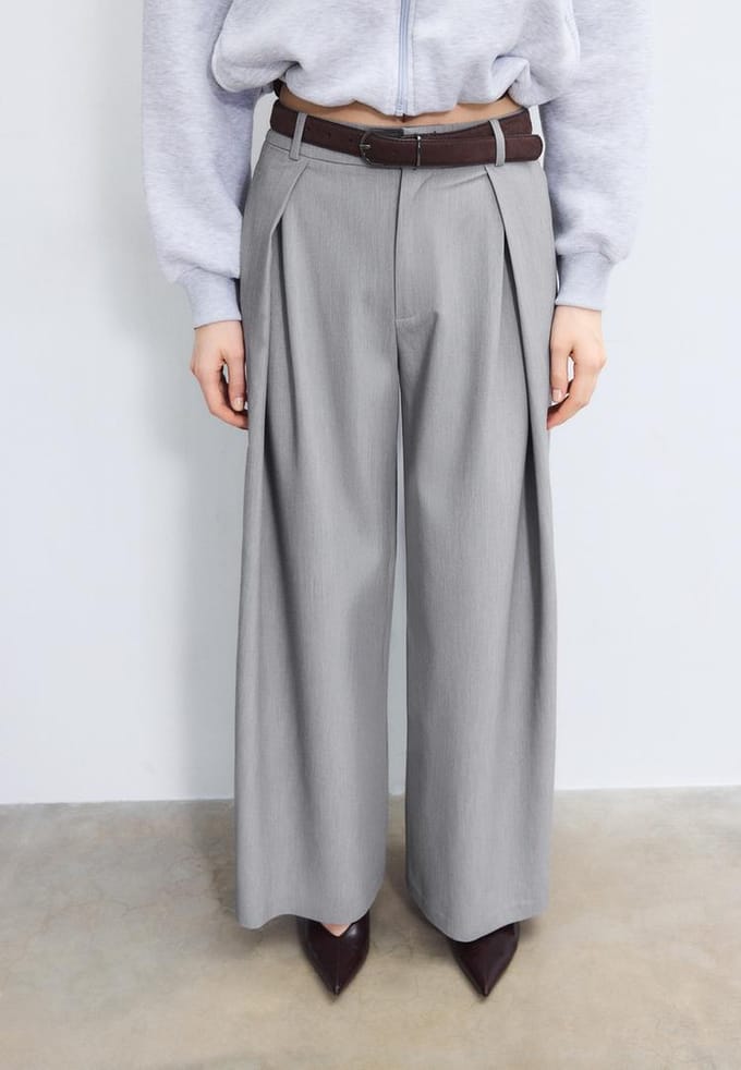 Stradivarius Pantalón maxi pinza cinturón  Grijs melange 38
