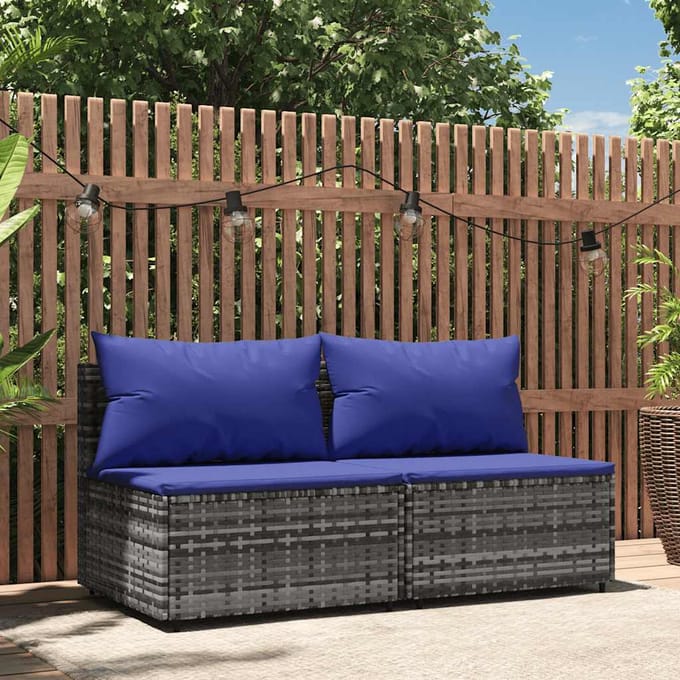 vidaXL - Tuinmiddenbank - met - kussens - 2 - st - poly - rattan - grijs