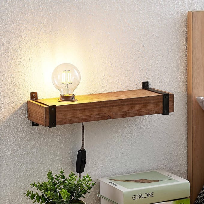 Lindby - Wandlamp hout - 1licht - Hout, metaal - H: 10 cm - E27 - bruin, zwart