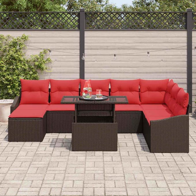 vidaXL - Bankstel - 9 - st - Bruin - en - Rood - poly - rattan