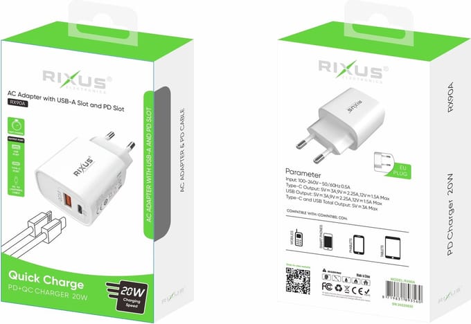 Rixus - iPad/iPhone - oplader + USB naar Lightning kabel - Snelle oplader USB naar Lightning en USB Slot 20W