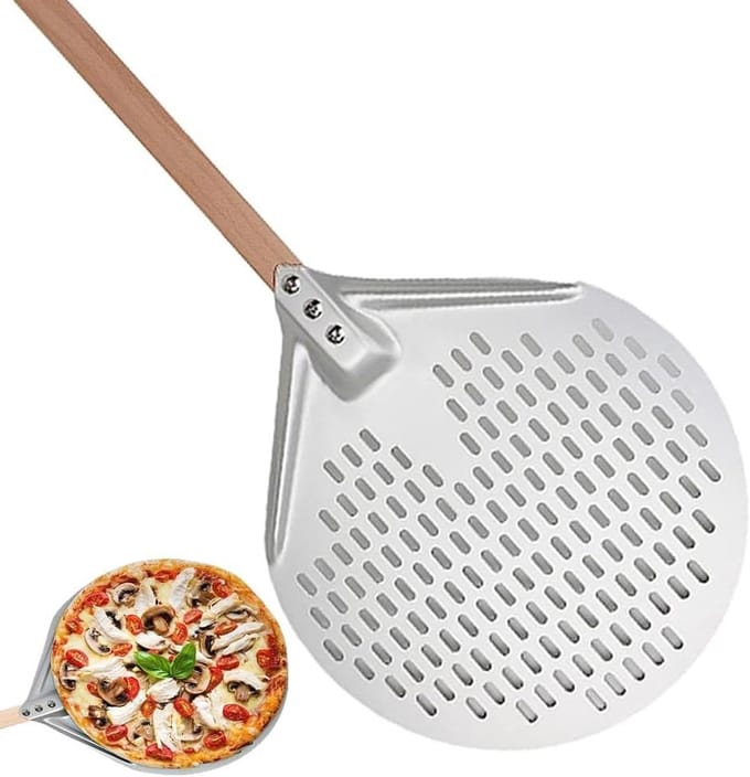 Pizza schep - Pizzabakken accessoire - Thuis pizza maken - Geperforeerd aluminium - 30 cm - Zwart houtkleur