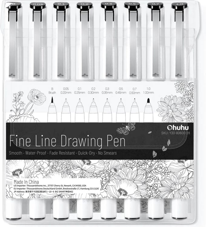 Ohuhu - Fineliner drawing pen - zwart - set van 8