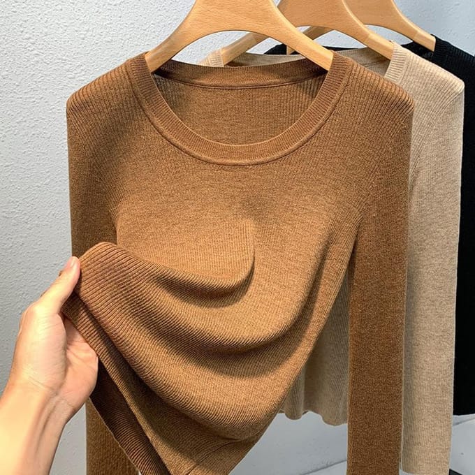 Pull Tricoté de Base pour Femme à Col Rond et Bord Large, Pull-Over, Couche Intérieure Élastique, Haut Cintrant la Taille 3XL chameau