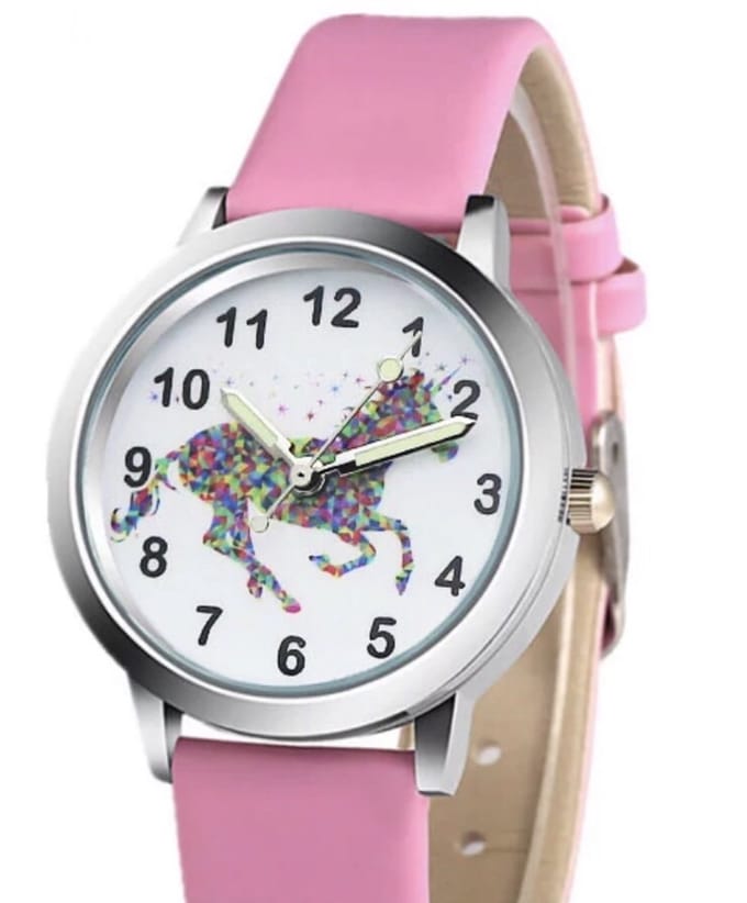 12Getit Kinder horloge roze met paarden afbeelding en leer bandje