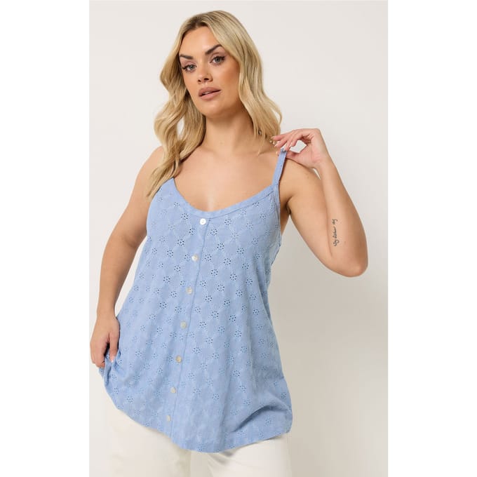 Yours Blauwe Mouwloze Top Met Broderie Anglaise Size 48