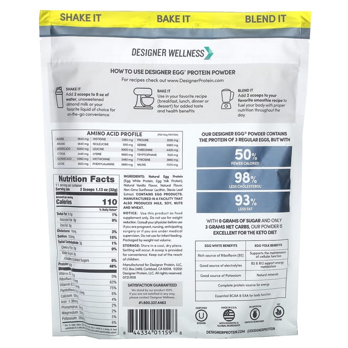 Designer Wellness, Designer Ei, Heel Ei Multifunctioneel Eiwitpoeder, Klassieke Vanille, 352 g (12.4 oz)