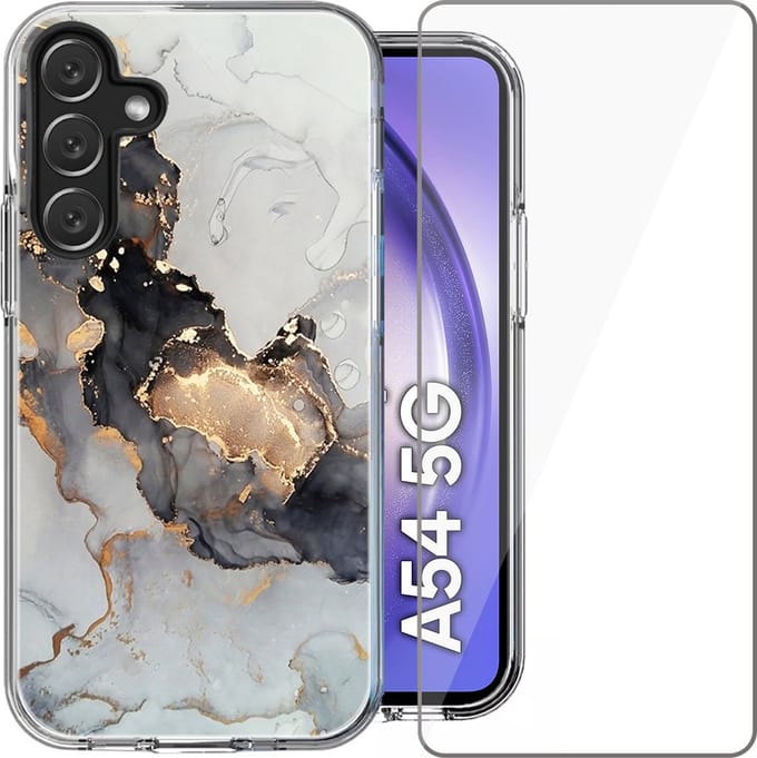 Hoesje geschikt voor Samsung Galaxy A54 - Screen Protector Glas - Back Cover Marmer Siliconen Case Wit & Screenprotector