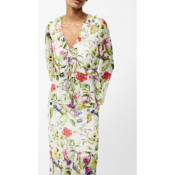 French Connection Monica Hallie Crinkle Blouse White Multi Größe: 6 | Longsleeves Outlet | Damen | Weiß