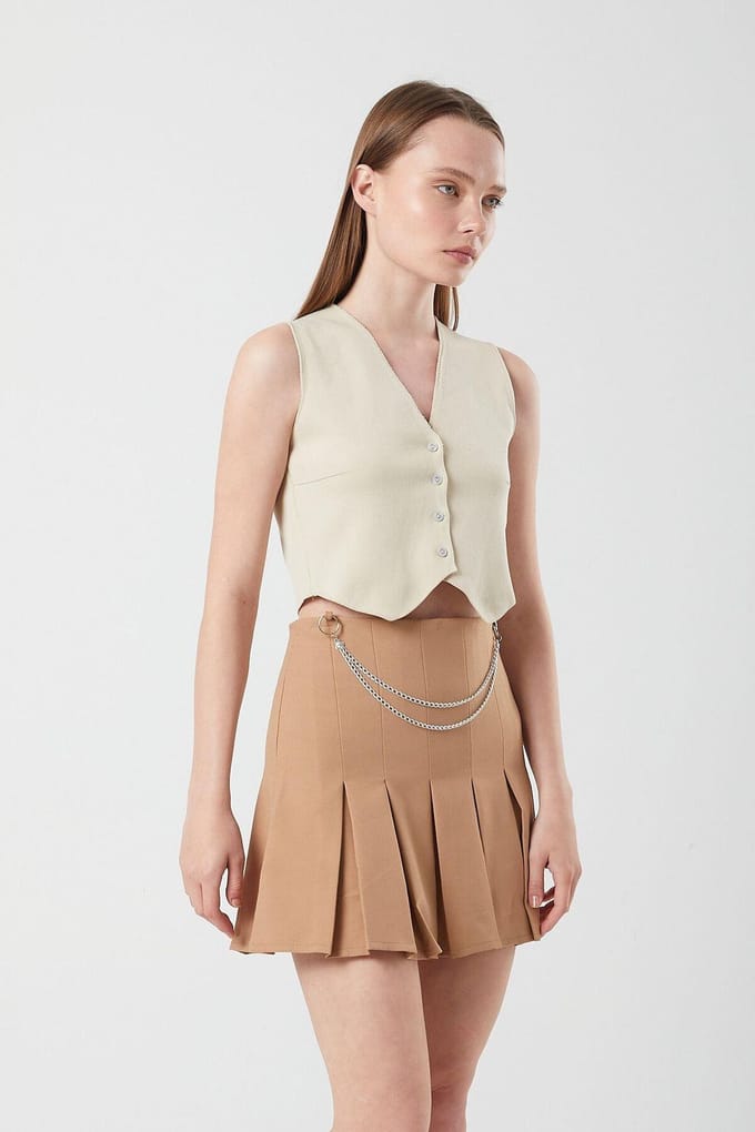Hoge Taille Plissé Minirok met Kettingdetails
