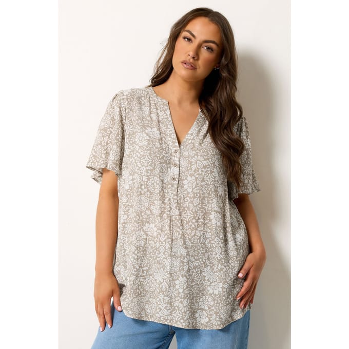 Yours Naturel Bruine Top Met Bloemenprint En Vhals Size 42