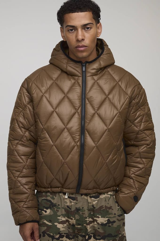 Oversized Boxy High Sheen Diamond Quilted Hooded Funnel Puffer Jacket | Brown | Size Medium