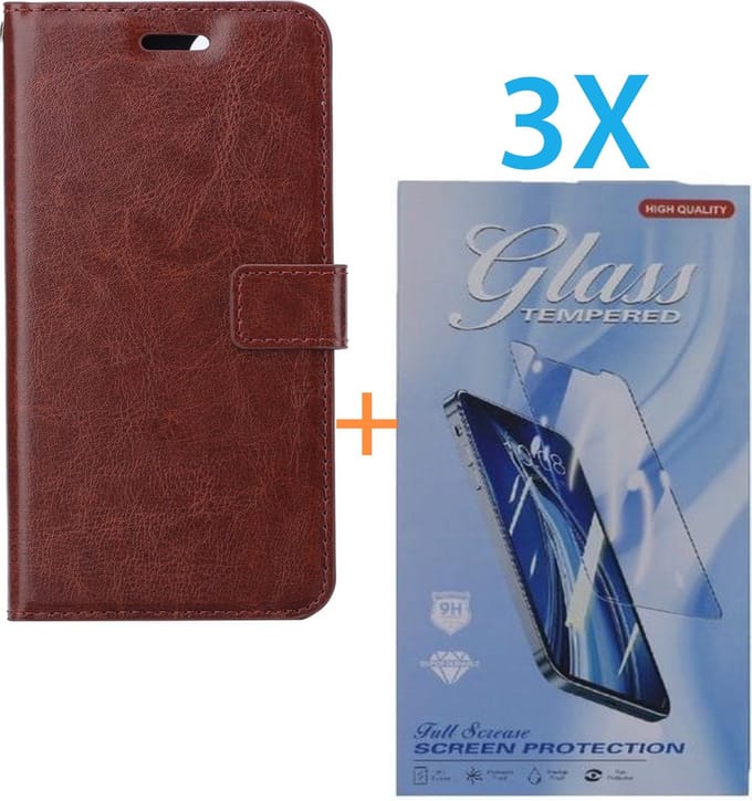 Bookcase Geschikt voor: Apple iPhone 14 Plus - Bruin - portemonnee hoesje - + 3X Tempered Glass Screenprotector