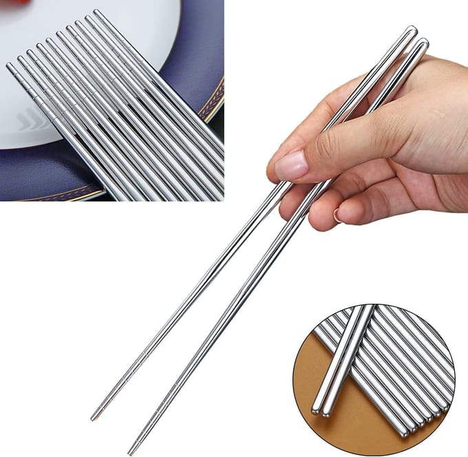 Cuhostki 10Pcs Stainless Steel Korean Flat Chopsticks Reusable Set