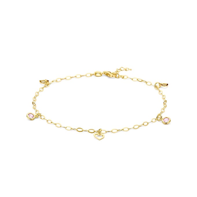 Enkelbandje hart en roze zirkonia 24 + 2 cm 3 micron