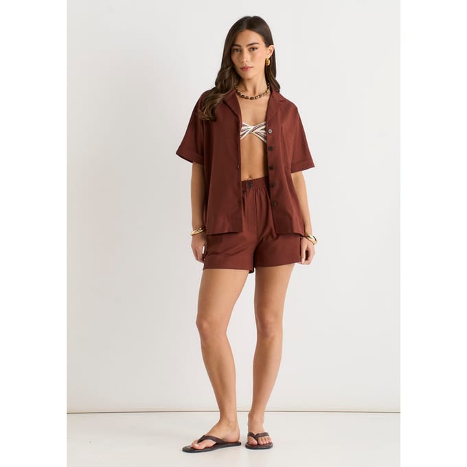 Oversized overhemd met knopen van chocoladebruin linnenmix
