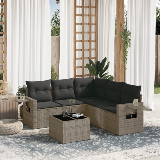 vidaXL - 6-delige - Loungeset - met - kussens - poly - rattan - grijs