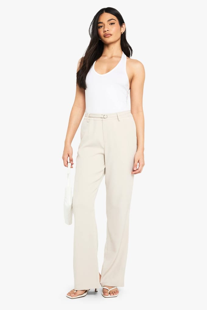 boohoo Dames Belted Wide Leg Trousers | Beige | Maat: 38