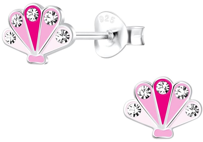 Joy|S - Zilveren schelp oorbellen - kinderoorbellen - roze wit met kristal