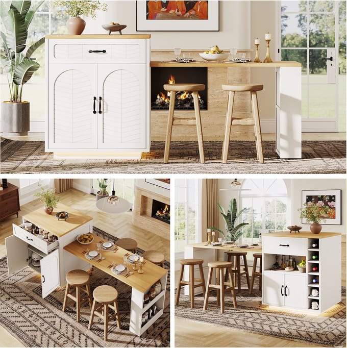 Clruro Keukeneiland - Keukenkast met Uitschuifbare Tafel, LED, 2 Laden en 4 Deuren - MDF - Zwart/Wit