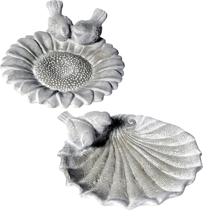 2 x Vogelbad / Vogel Voederschaal - Zonnebloem & Schelp - Steen - 25 x 23 cm