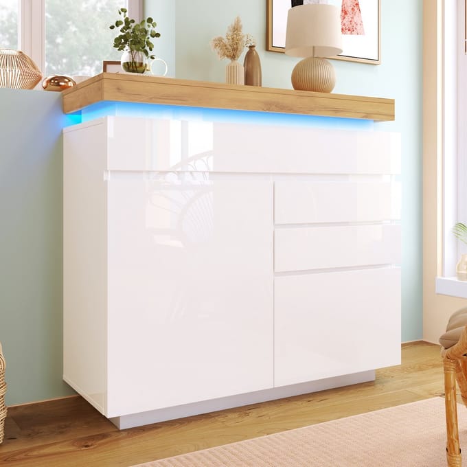 Sweiko Ladekast - Hoogglans dressoir - 2 deuren, 3 laden - LED verlichting - 115 x 110 x 39 cm - Wit
