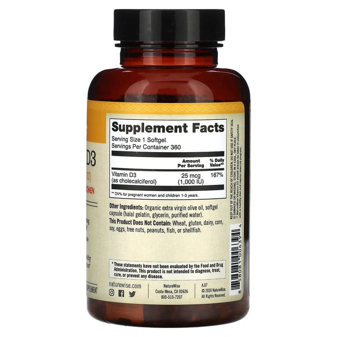 NatureWise, Vitamine D3, 25mcg (1 000 UI), 360 gélules