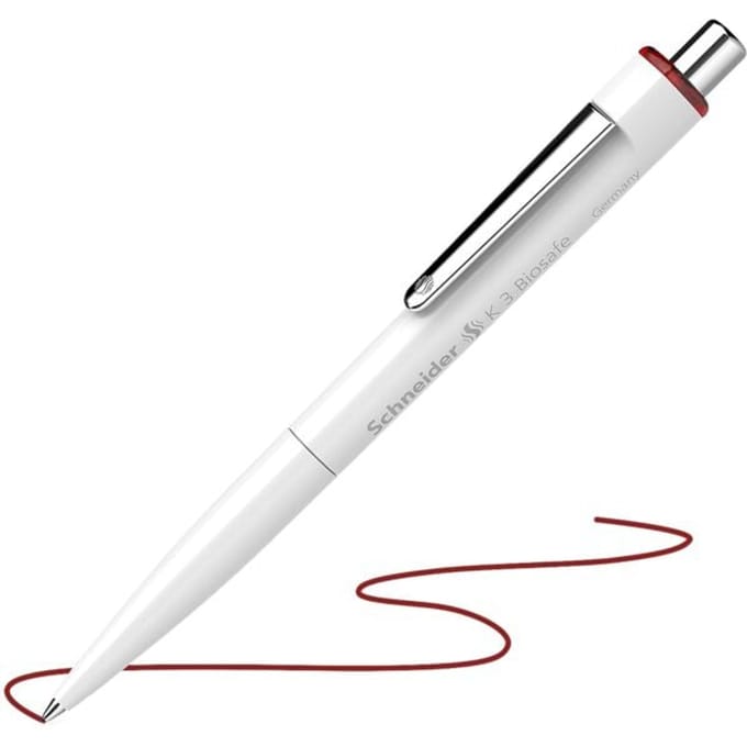 Balpen Schneider K3 Biosafe, slagbreedte M, onuitwisbaar, bioplastic, witte ton, rode inkt, 10 stuks.